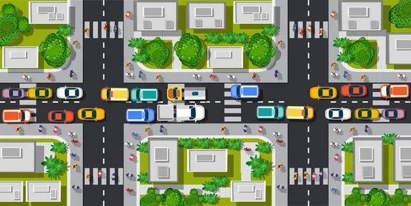 Vue de dessus de route avec autoroutes de nombreux véhicules différents . Illustrations De Stock Libres De Droits