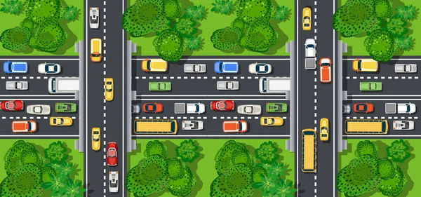 Vue de dessus de route avec autoroutes de nombreux véhicules différents . Illustration De Stock