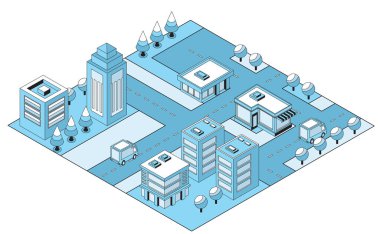 Şehir merkezi mimarisi, ticari binaları, yolları, araçları ve ağaçları olan tek renkli bir şehir. Modern şehir düzeni kavramı
