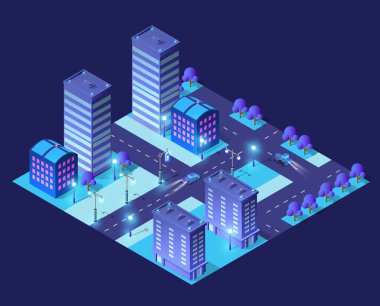 Geceleri Isome kentsel manzarası. Modern parlayan binaların, yolların, arabaların ve ağaçların olduğu gelecek şehri.