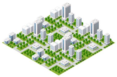 Beyaz gökdelenleri ve yeşil ağaçları gösteren Isometric şehir manzarası, şehir planlama ve geliştirmeyi temsil ediyor