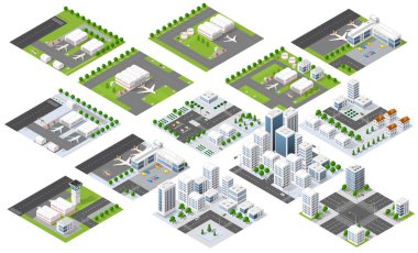 Isometric şehir ve havaalanı modülleri, binalar, yollar ve uçaklar gibi çeşitli unsurların sergilendiği kentsel altyapı hakkında kapsamlı bir görüş sağlar.
