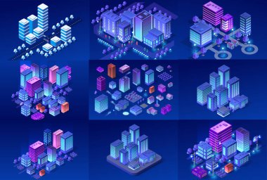 Binaları, gökdelenleri ve sokakları temsil eden bir dizi izometrik akıllı şehir elementi. Geceleri fütüristik neon aydınlatmalı.