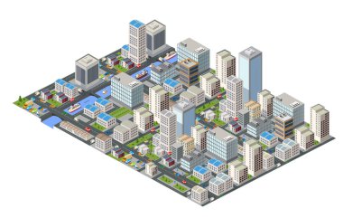 Gökdelenleri, binaları, yolları, arabaları, ağaçları, nehri, gemileri ve köprüyü gösteren Isometric şehir manzarası, şehir planlama ve geliştirmeyi temsil ediyor