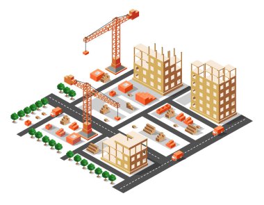 Yeni gökdelenler inşa eden vinçlerin, malzeme taşıyan kamyonların ve caddelerde sıra sıra bekleyen ağaçların olduğu bir inşaat alanı.