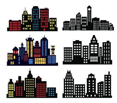 Kentsel manzaraları temsil eden şehir silüetleri, renkli ve tek renkli varyasyonlarla, mimari veya kentsel tasarım projeleri için ideal