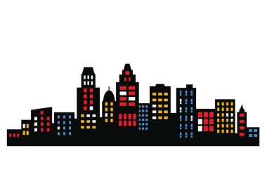 Şehir geceleri gökyüzü aydınlık pencereler çeşitli renklerde parlıyor, canlı ve dinamik bir şehir manzarası yaratıyor.