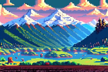 Peyzaj 8bit piksel sanatı. Yaz doğal manzara dağ manzarası oyun arkaplanı