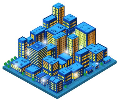 Şehir Isometric gece lambaları mimari 3 boyutlu illüstrasyon teknolojisi bina evleri sokağı