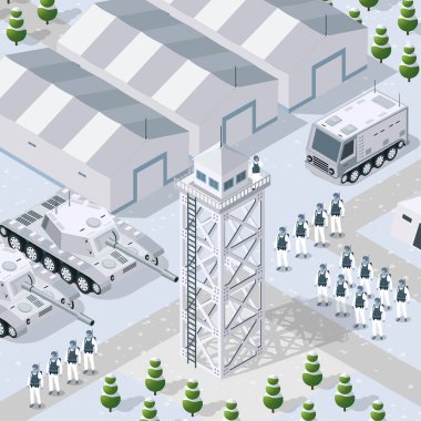 Silahlı nakliye nesnesi ve savaş teçhizatlarını hazırlayın. Kış ordusu grafiksel elementler. Tank 3 boyutlu resim makinesi.