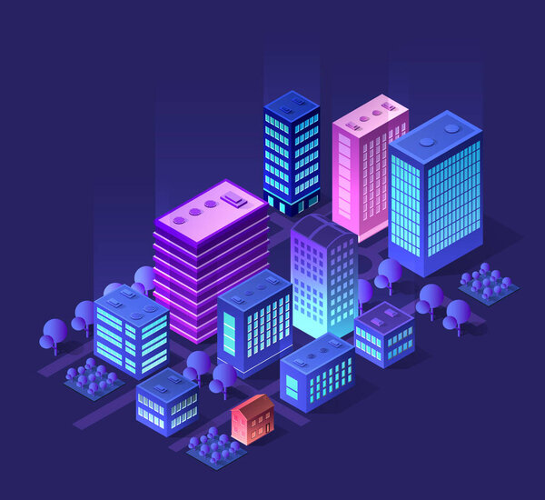 Светящиеся небоскребы и здания освещают футуристический городской пейзаж ночью, создавая живой городской пейзаж в изометрической перспективе