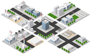 Şehir haritası Isometric fabrika sanayi bölgesi 3D illüstrasyon mimarisi
