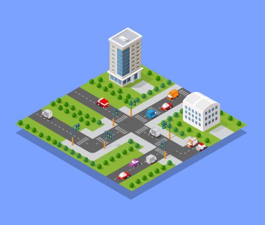 Vektör mimarisinin kentsel altyapısından bir sokak yolu ile şehrin izometrik 3d modül blok ilçe bölümü. Oyun tasarımı için modern beyaz illüstrasyon
