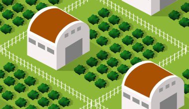 Isometrics köyünün pürüzsüz deseni. Kenar mahalle manzarası, ağaçlarla çevrili villa kulübesi çimenler ve sokaklar 3 boyutlu illüstrasyon.