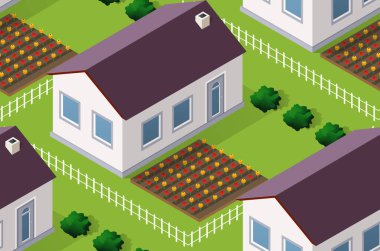 Isometrics köyünün pürüzsüz deseni. Kenar mahalle manzarası, ağaçlarla çevrili villa kulübesi çimenler ve sokaklar 3 boyutlu illüstrasyon.