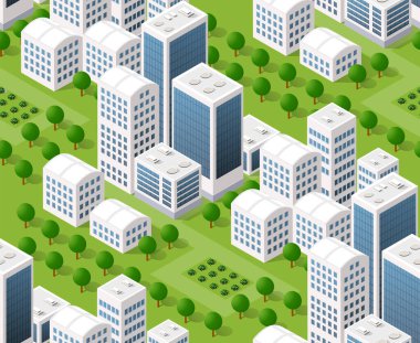 Kusursuz şehir planı haritası. Şehir binalarının, gökdelenlerin, caddelerin ve ağaçların Isometric manzara yapısı.