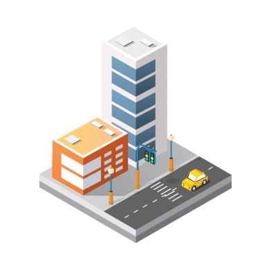 Izometrik bina şehir haritası ile Cityscape tasarım elemanları. Mükemmel şehrinizi yaratmak için izole koleksiyon