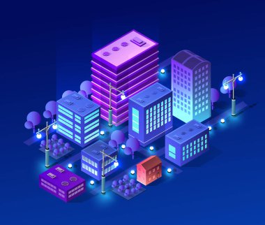 Isometric ultra şehir konsepti menekşe tarzı, ultraviyole 3d modern şehir dizaynı gökdelen, sokak lambaları ve yol kenti inşa etme. Modern iş geçmişinin vektör illüstrasyonu.