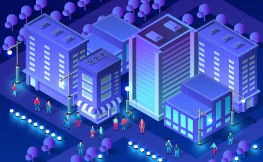 Isometric ultra şehir konsepti menekşe tarzı, ultraviyole 3d modern şehir dizaynı gökdelen, sokak lambaları ve yol kenti inşa etme. Modern iş geçmişinin vektör illüstrasyonu.