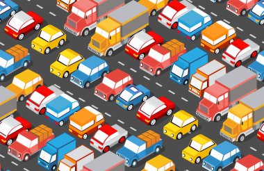 Tekrar eden şehir şablonu. Şehrin otoparkında arabaları, kamyonları, taksileri, karavanları ve 3 boyutlu resimli minibüsleri olan bir yer.