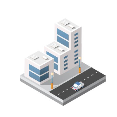 Şehrin Isometric 3d modül blok bölgesi. Mimarinin kentsel altyapısından bir sokak yolu var. Oyun tasarımı için modern beyaz çizim