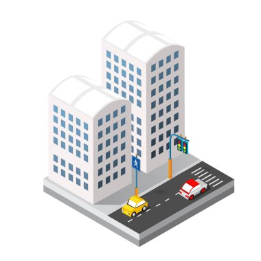 Şehrin Isometric 3d modül blok bölgesi. Mimarinin kentsel altyapısından bir sokak yolu var. Oyun tasarımı için modern beyaz çizim