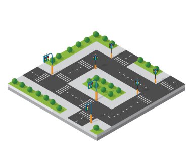 Şehrin Isometric 3d modül blok bölgesi. Mimarinin kentsel altyapısından bir sokak yolu var. Oyun tasarımı için modern beyaz çizim