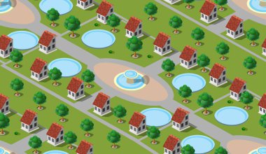 Taşranın, ülkenin ve yerleşim yerlerinin pürüzsüz bir deseni, üç boyutlu resimli ev tasarımı için bir köy.