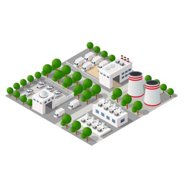 Endüstriyel 3D illüstrasyon imalat şehir haritası Fabrikalar ve bitkilerin Isometric peyzaj yapısı