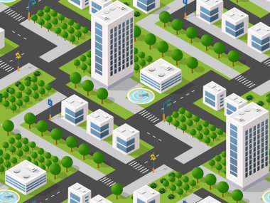 Kusursuz şehir planı haritası. Şehir binaları, gökdelenler, sokaklar ve ağaçların Isometric 3D manzara yapısı.
