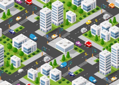 Kusursuz şehir planı haritası. Şehir binaları, gökdelenler, sokaklar ve ağaçların Isometric 3D manzara yapısı.