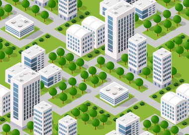 Ağaçlar, çimenler ve sokaklar inşa edilen kentsel izometrik üç boyutlu alan. Tasarım ve yaratıcılık kavramı için kusursuz kentsel tekrarlama deseni.