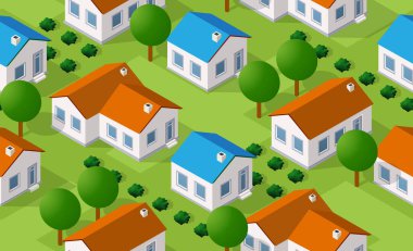 Taşranın, ülkenin ve yerleşim yerlerinin pürüzsüz bir deseni, illüstrasyon için bir köy, şehir evi tasarımı 3D