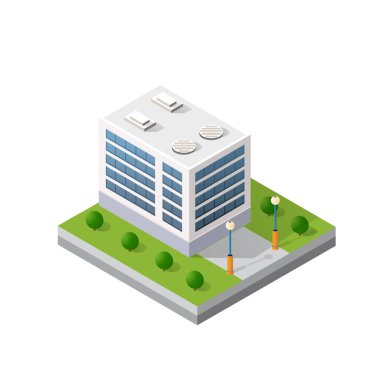Akıllı bina mimarisi, teknolojinin iş aletlerinin düz stil kentsel izometrik üç boyutlu illüstrasyonudur.