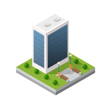 Akıllı bina mimarisi, teknolojinin iş aletlerinin düz stil kentsel izometrik üç boyutlu illüstrasyonudur.