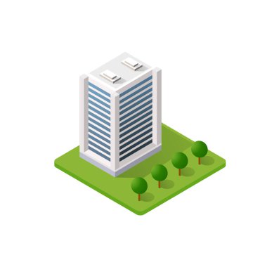 Akıllı bina mimarisi, teknolojinin iş aletlerinin düz stil kentsel izometrik üç boyutlu illüstrasyonudur.