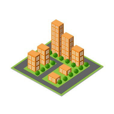 Isometric 3D modül bloğu şehir merkezi. Şehir mimarisinden gökdelen de var. Tasarım oyunu ve iş şekli arkaplanı için modern beyaz illüstrasyon