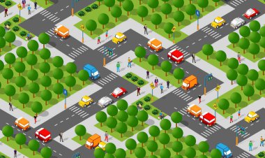 Şehir merkezindeki Isometric Seamless arka plan park alanını tekrarlayarak 3D resimli şehir altyapı planının bir zeminini oluşturuyor.