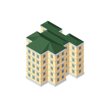 Vektör izometrik kentsel mimari yapı Caddesi, gökdelen ve şehir, ev ile modern şehir. İş illüstrasyon ve inşaat harita şekli arka planı için