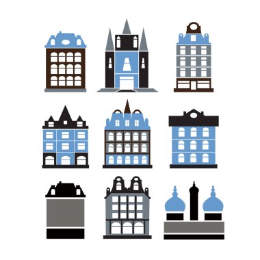 Eski şehir evlerinin eski binaları beyaz arka planda düz stil kesilmiş.