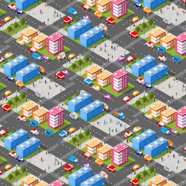 İzometrik çizimde megapolis şehir çeyrek sokakları, gökdelenler, ağaçlar ve evler. Kentsel peyzaj Üstten Görünüm