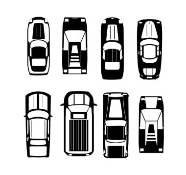 Arabaların silueti Transport üst görünüm simgesi izole edilmiş vektör illüstrasyonunu düz şekilde ayarlar