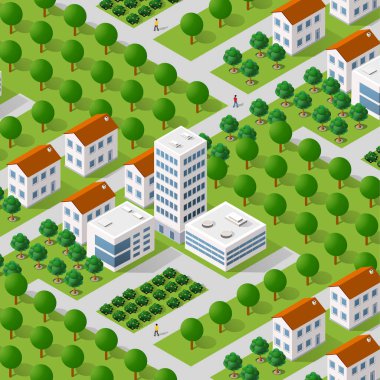 İzometrik çizimde megapolis şehir çeyrek sokakları, gökdelenler, ağaçlar ve evler. Kentsel peyzaj Üstten Görünüm