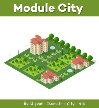 Modern 3d şehir izometrik üç boyutlu Infographic seçeneği afiş için iş kavramsal grafik ve diyagramlar, gökdelenler, dahil olmak üzere renkli izometrik şehir ile ev ve depolar sokakları