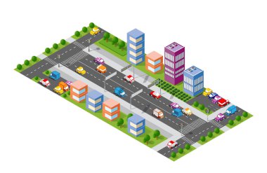 Şehir Bulvarı izometrik bulvar. Nakliye aracı, şehir ve asfalt, trafik. Düz yolların kesişmesi kamu kasabasının 3D boyutsal gösterimi