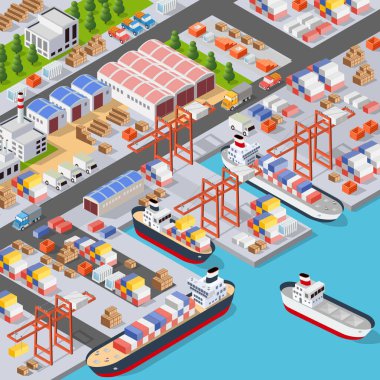 Terminal dağıtım sevkiyat illüstrasyon için deniz üzerinde konteyner kargo sanayi navlun ve nakliye tekne ve denizcilik gemileri ile izometrik şehir endüstriyel Dock portu.