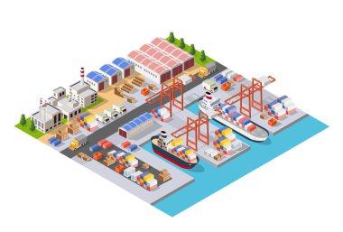 Seyahat tatil turizm illüstrasyon için deniz taşıma ve taşıma teknesi ve denizcilik gemileri ile bir endüstriyel liman ile izometrik şehir Bulvarı. Taşıma izometrik kümesi