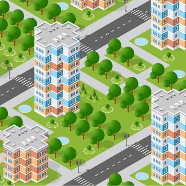 Şehir haritası arka planı için izometrik gökdelen, şehir binası ve modern şehir manzaralı iş geçmişi için mimari illüstrasyon şehri.