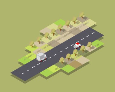 Isometric Seasons şehri. Evleri, sokakları, ağaçları, köknarı ve çalıları var. Yılın mevsimi bahar mevsimi. Kavramsal vektör çizimi.