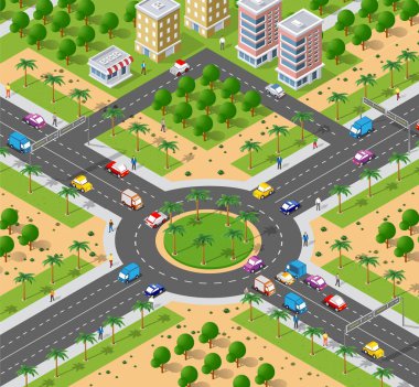 Bir kavşak, sokaklar, evler ve ağaçlar ile kentsel alanı Illustration. Şehir alt yapı peyzaj.